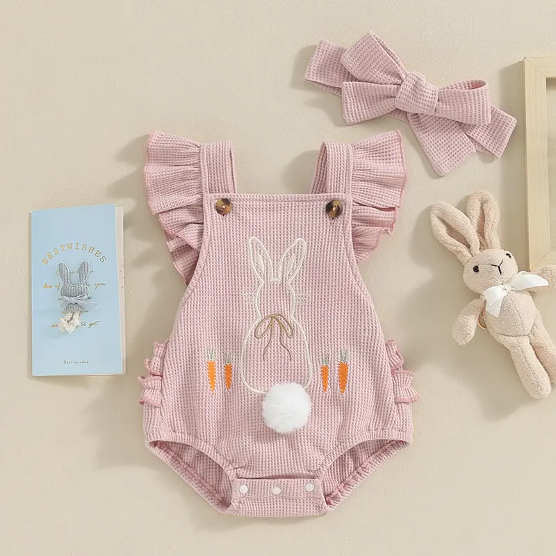 Baby Girls Rompers Bunny Carrot Embroidery Fly Sleeve Frills Backless Summer Toddler Easter Clothes Bodysuits with Headband