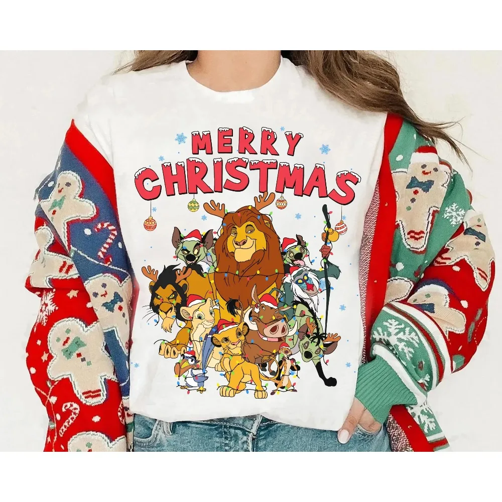 

Disney The Lion King Merry Christmas Shirt Simba Mufasa Scar Nala Timon Pumbaa Rafiki Christmas Women Clothes Comfortable Cotton