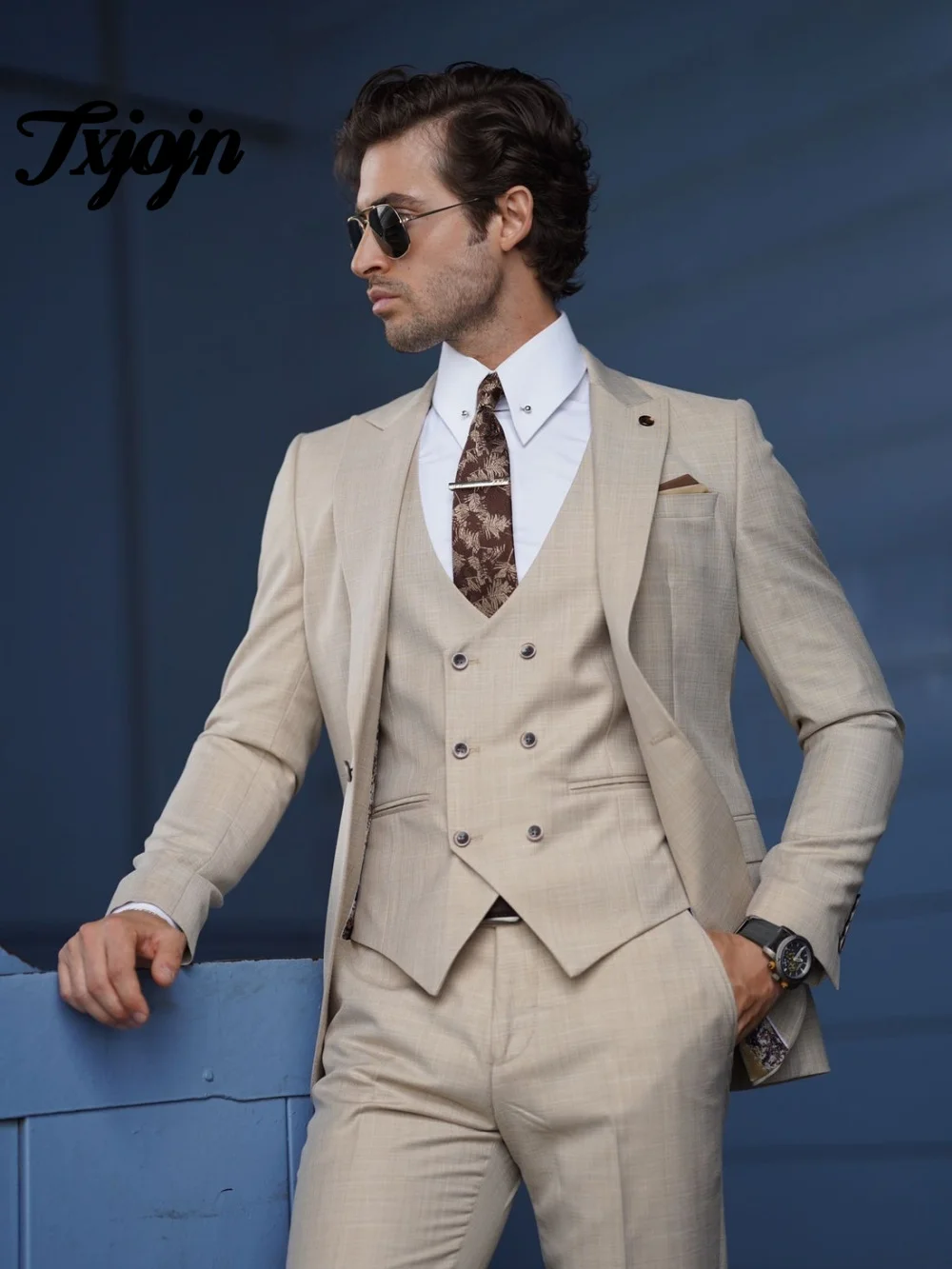 رائعة الشق التلبيب الرجال البدلة مجموعة 3 قطعة أنيق الشمبانيا الرجال البدلات الرسمية دعوى مكتب كلاسيكي دعوى الرجال لبدلة العريس حسب الطلب #2