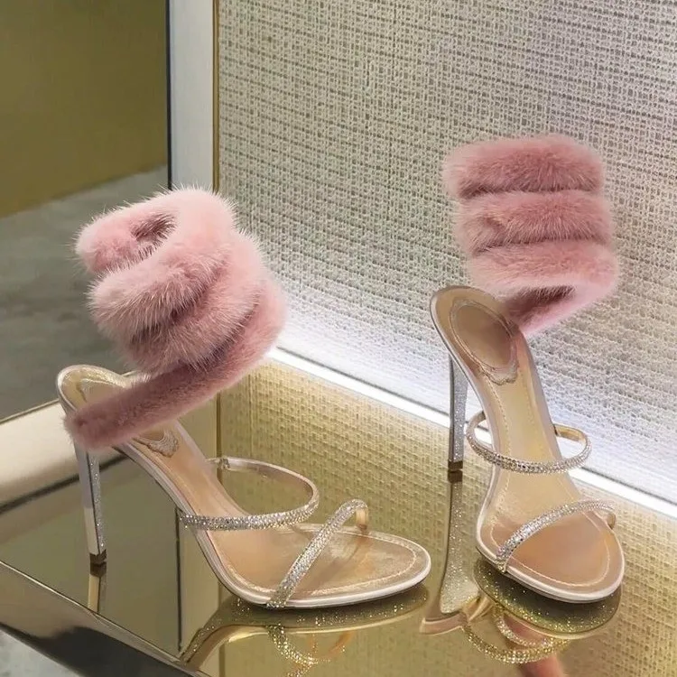 Haute-Couture-High-Heels aus Nerzfell mit Strassbesatz, hochwertige High-End-Sandalen mit dünnen Absätzen für die gehobene Gesellschaft, neue sexy Sommerschuhe aus Fell.
