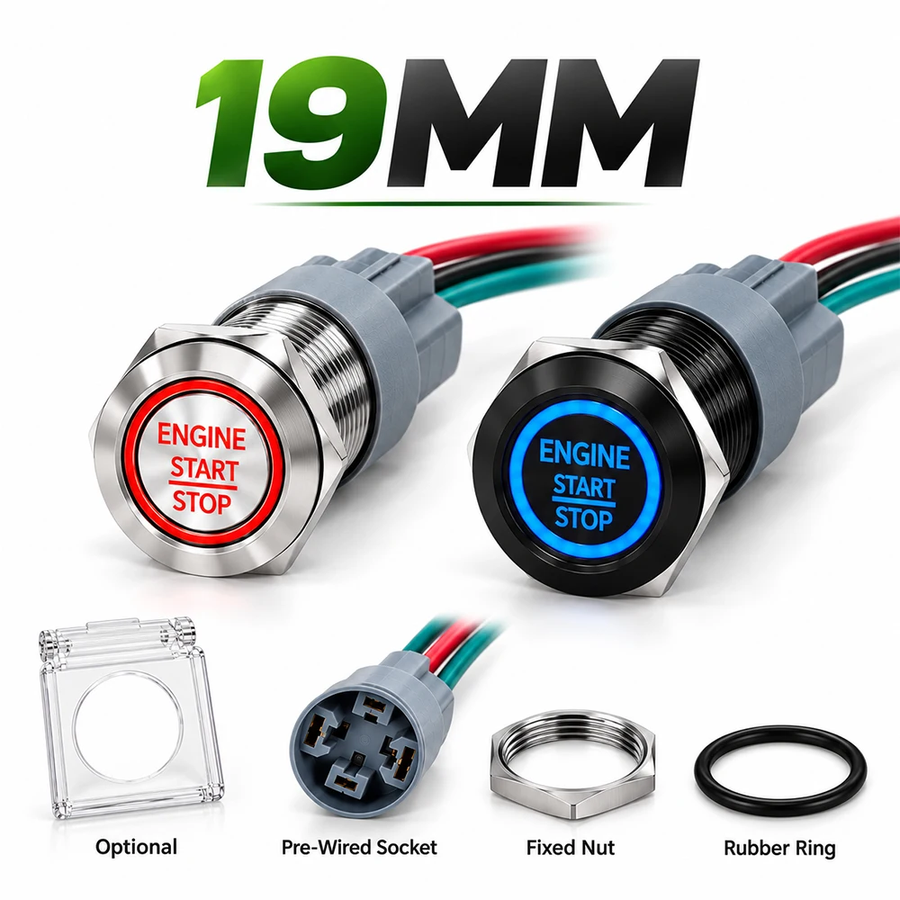 19mm Stainless Steel Ignition Starter Push Button Engine Start Stop Switch 12V-24VRed LED Momentary Self Reset W/Harness&Aux Cap