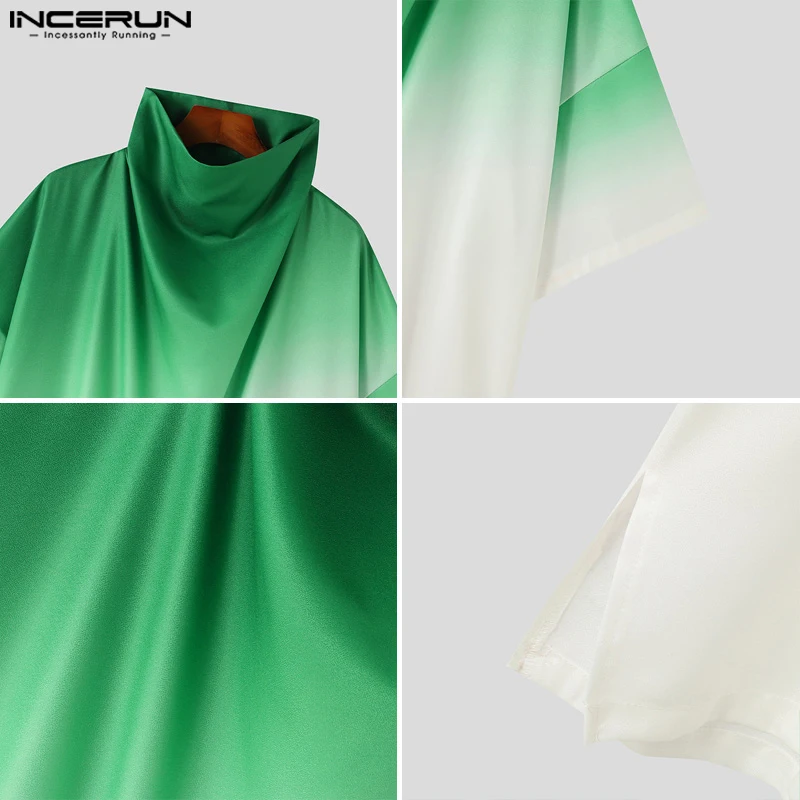 INCERUN Tops 2024 Korean Style Men\'s Gradient Color High Neck Design T-shirts Casual Streetwear Loose Half Sleeve Camiseta S-5XL