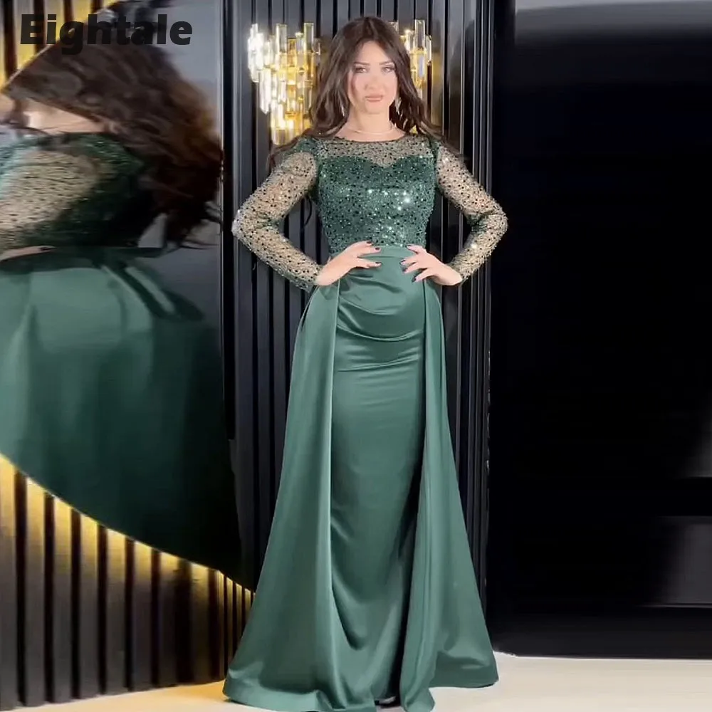 Eightale Evening Dresses with Detachable Skirt Dark Green Long Sleeves Customized Mermaid Party Prom Gown Vestidos De Noche