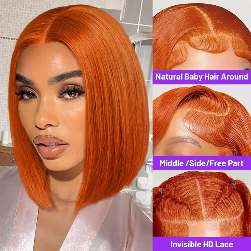 Parrucca per capelli umani Bob anteriore in pizzo 13X4 arancione zenzero pre pizzicato capelli brasiliani parrucche anteriori in pizzo trasparente capelli umani # 350