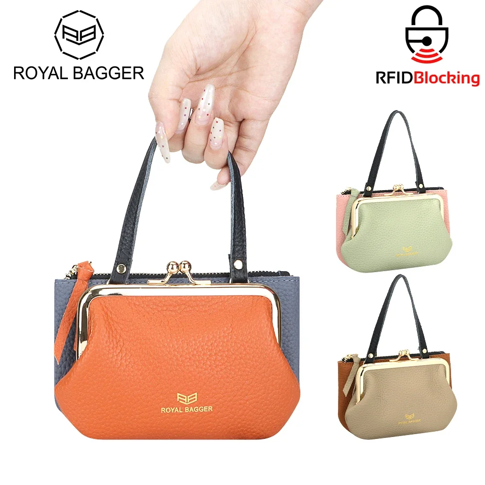 Royal Bagger RFID Coin Purse for Women, Genuine Leather Portable Small Handbag, Fashion Casual Kiss Lock Clutch Wallet 1927