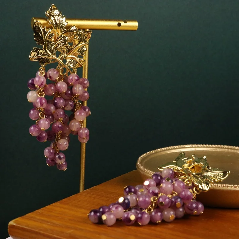 Vintage Purple Grape Earrings Antique Copper Real Gold Plating Long Tassel Studs Jewelry Accessories Birthday Gifts for Women