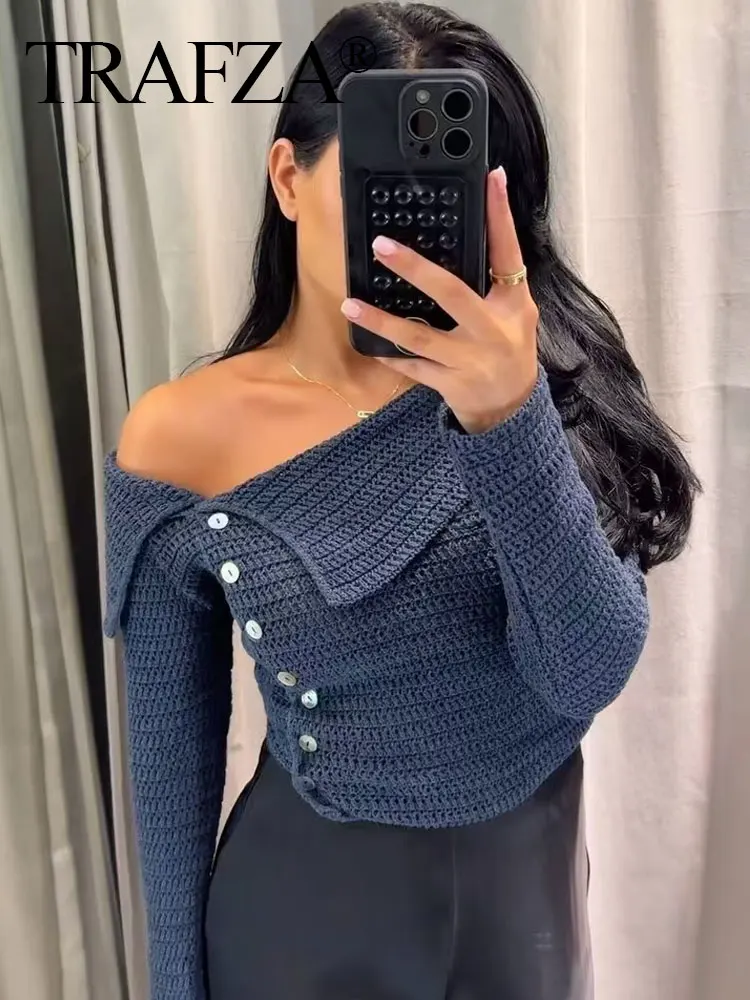 TRAFZA Female Casual Sweater Top Solid Turn-Down Collar Long Sleeves Single Off Shoulders Breasted Autumn Tops Woman 2024 Trendy