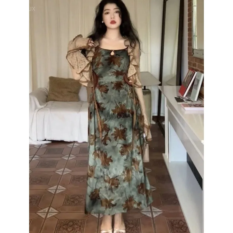Elegant Harajuku Dye Print Slim Waist Camisole Robe Japanese Vintage 2000s Style Long Sleeve Cardigan Y2k Subculture 2 Piece Set