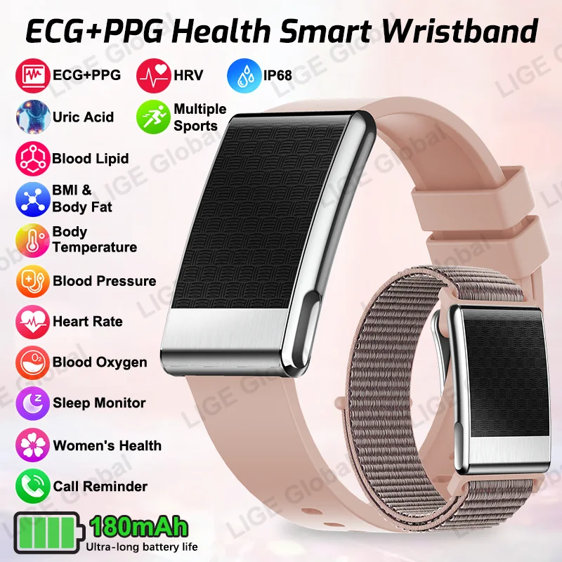 

LIGE ECG+PPG Women Smart Bracelet Blood Lipid Uric Acid Blood Oxygen HRV Menstrual Cycle Sport Fitness Tracker Health Watch Men