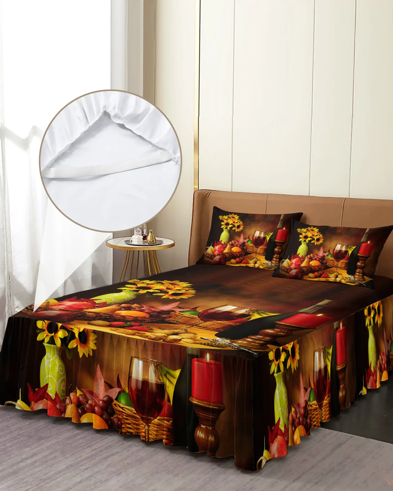 Vintage Country Style Fruit Food Wine Bed Skirt Elastic Fitted Bedspread With Pillowcases Mattress Cover Bedding Set Bed Sheet