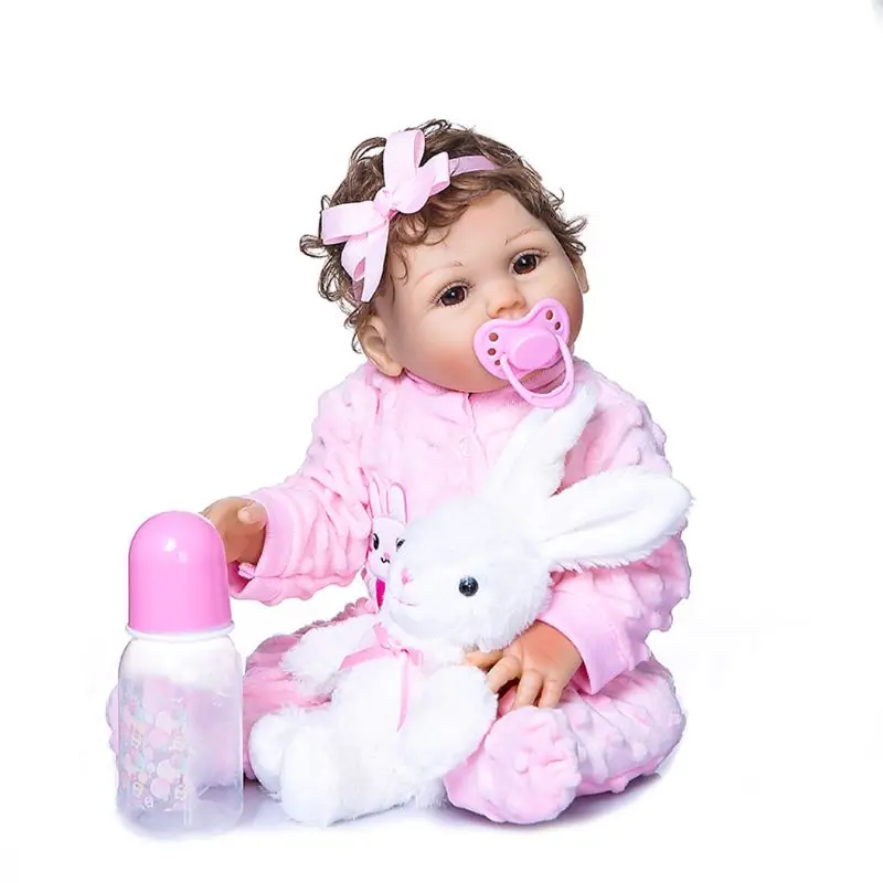 

47cm Realistic for Doll Full Soft Vinyl Toddler Babies Curly Hair Girl Rabbit Accompany Toy