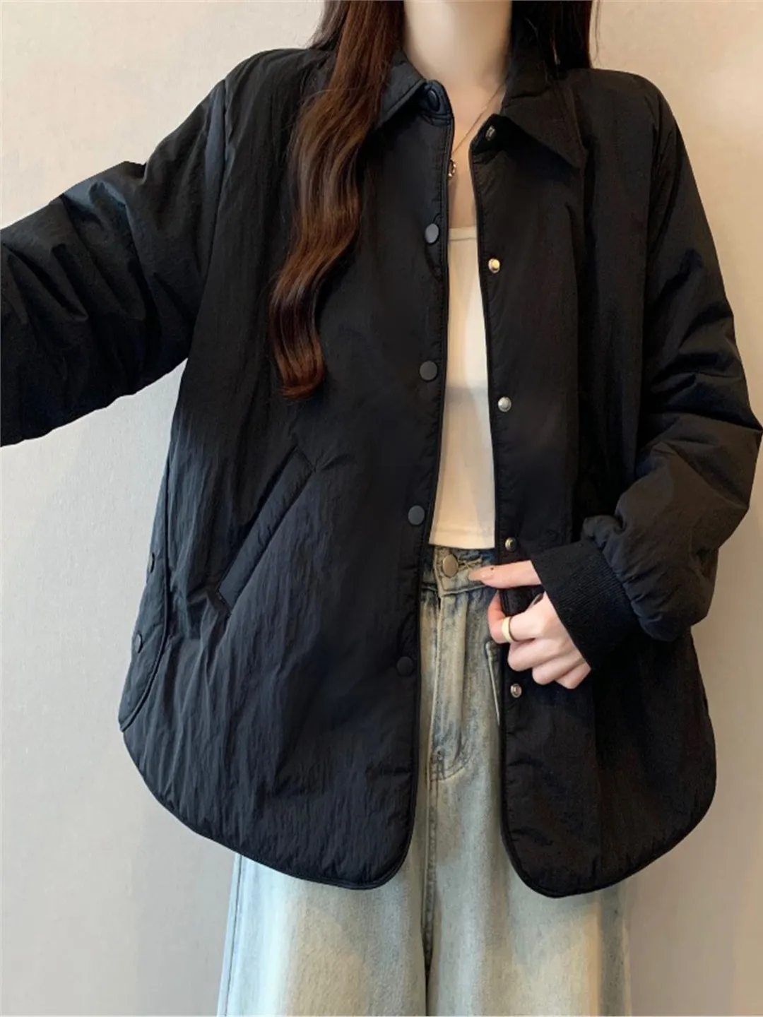 

Ele Collared Loose Fit Lightweight Cotton Jaet Women's plus Size Bla Slimming Autumn Winter Coat Casual Commute Sle