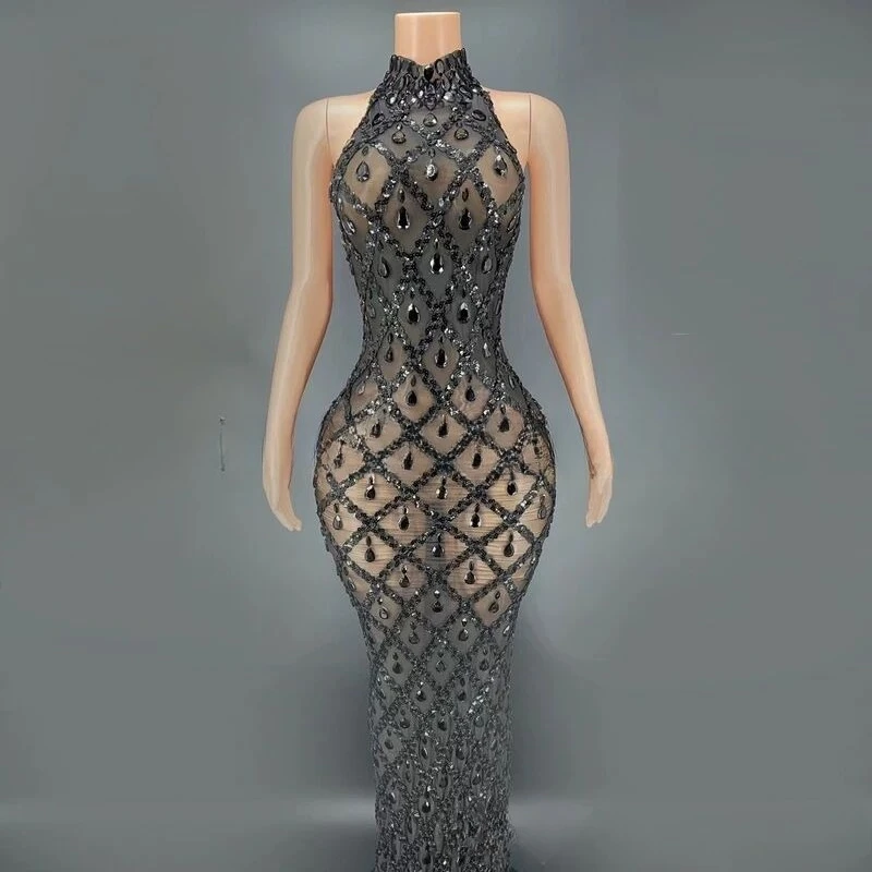 Costume Shiny Diamond Brown Mesh Ladies Temperament High-end Temperament Celebrity Birthday Evening Dresses Woman Elegant Luxury
