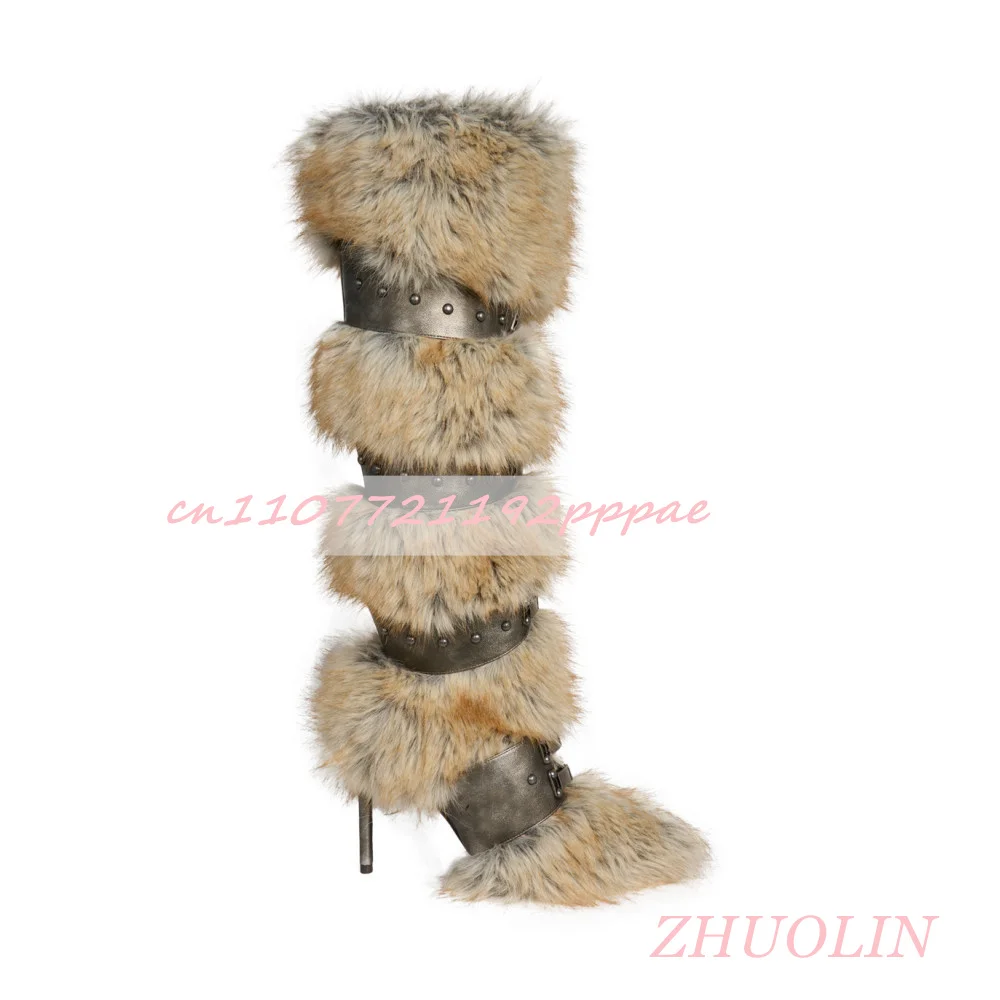 

Зимние сапоги до колена с пушистым мехом для женщин, круглый носок, тонкий каблук, боковая молния, пряжка, ботинки, сексуальные и модные вечерние длинные сапоги