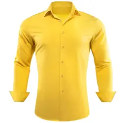 Luxury Men's Shirts Long Sleeve Solid Silk Yellow Gold Casual Business Male Blouse Regular Slim Fit Clothes Barry Wang