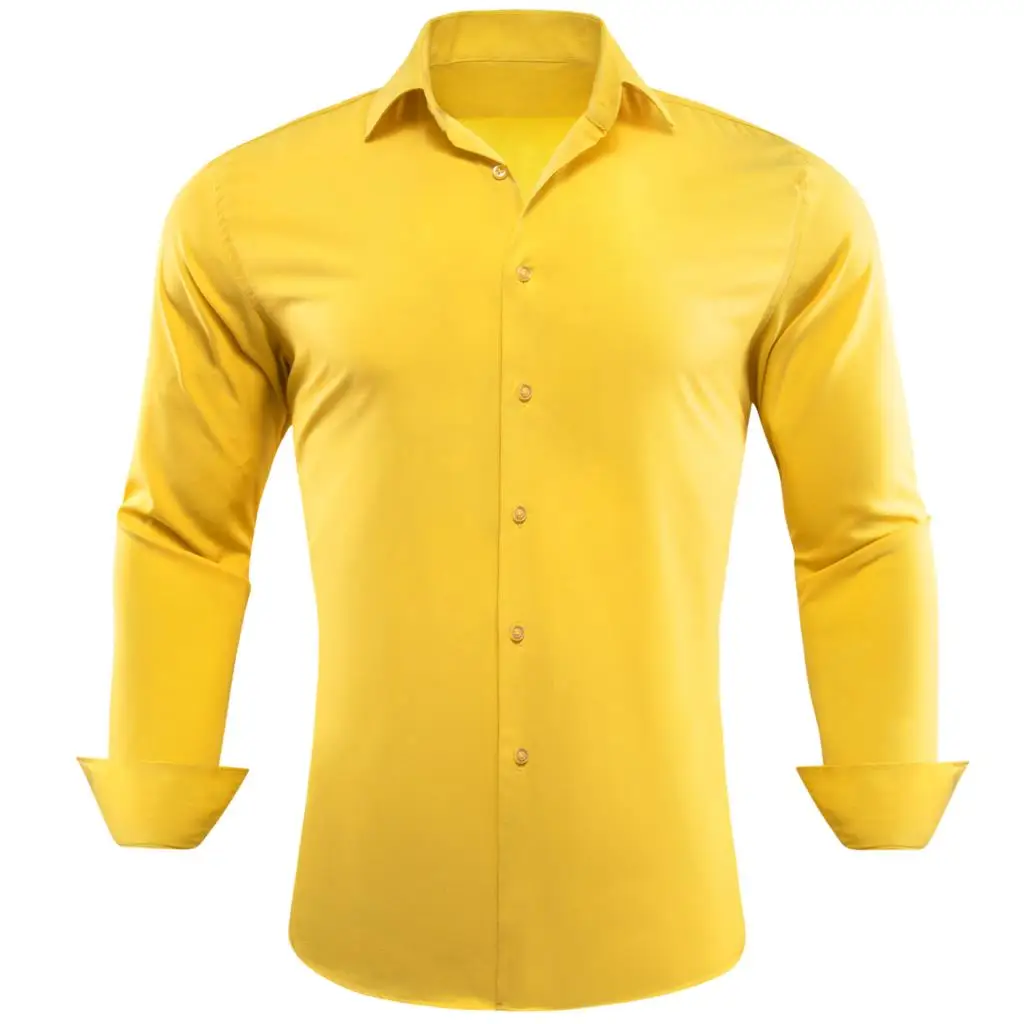 Luksusowe koszule męskie z długim rękawem z jedwabiu w kolorze żółtego złota Casualowa biznesowa bluzka męska Regularna odzież Slim Fit Barry Wang