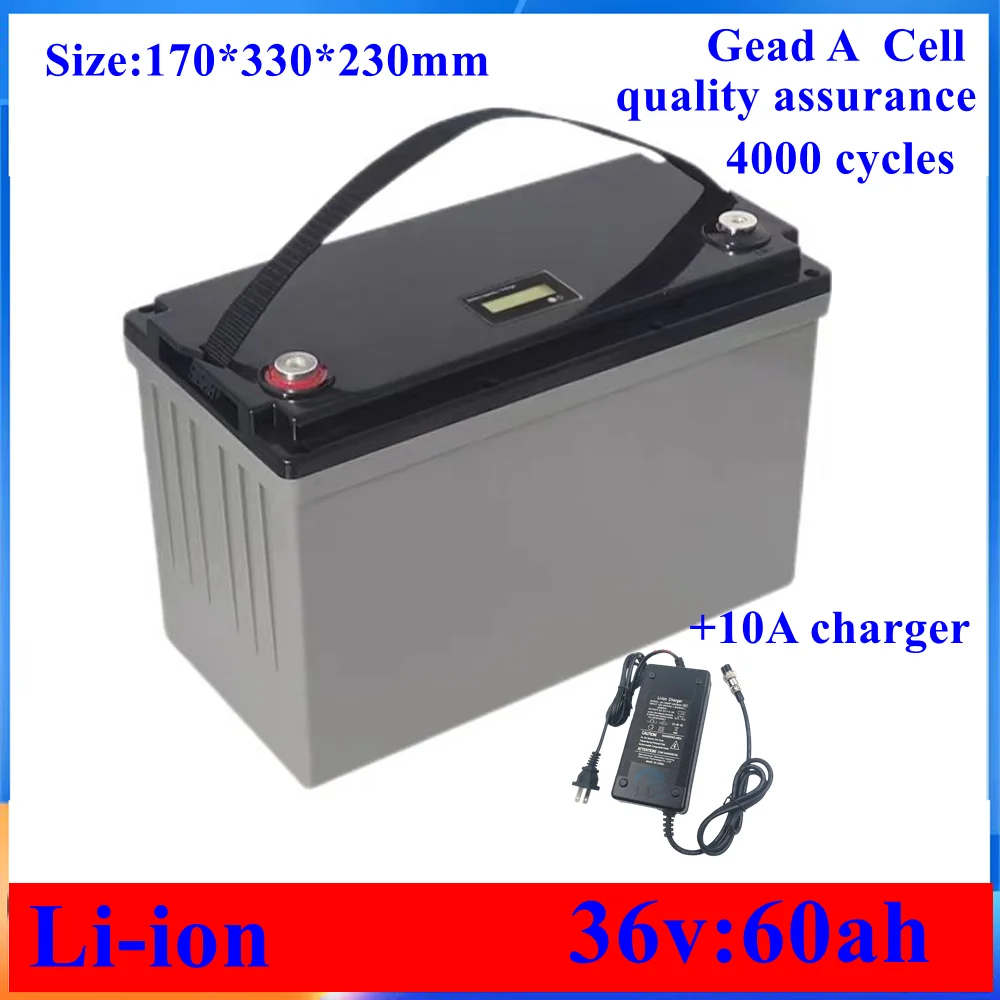 waterproof 36v 60ah lithium ion battery with BMS li ion for 2500w 1500w Bike scooter boat EV Tricycle inverter +10A charger