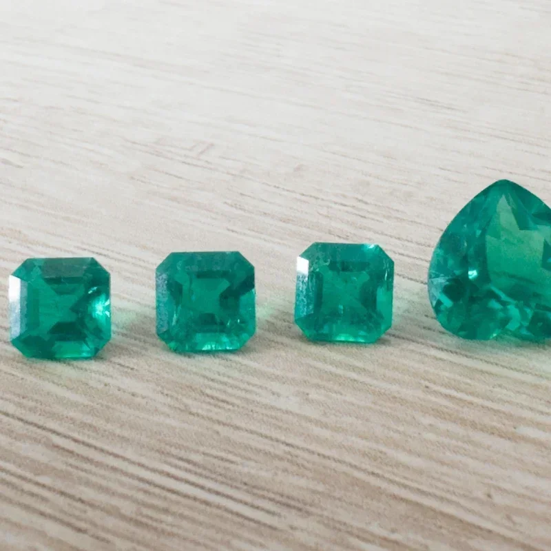 Lab Grown Emerald Hand-cut Hydrothermal Asscher Cut 6x6mm 3pcs and Heart Cut 10x10mm 1pcs Gemstone for Diy Jewelry Making