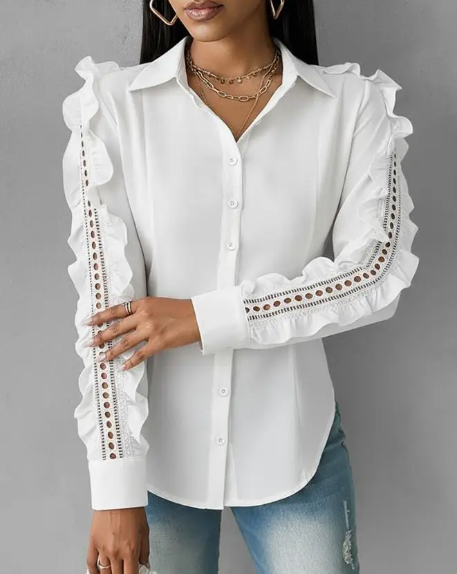 

Shirts for Women Turn-Down Collar Ruffles & Hollow-Out Design Long Sleeve Blouses Temperament Button Front Asymmetrical Hem Top