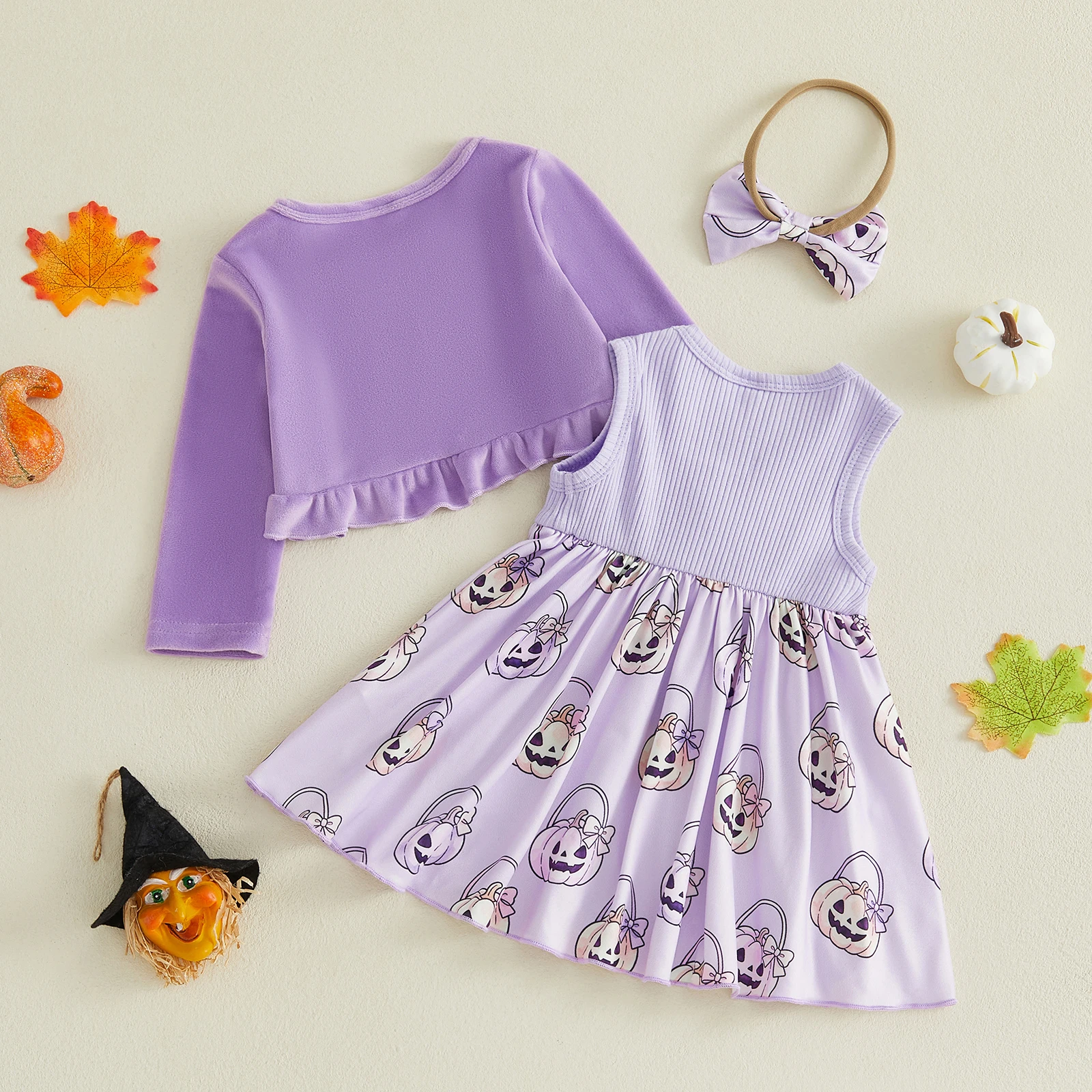 5494  0-3Yrars Toddler Girls Halloween 3PCS Outfits Long Sleeve Coat Pumpkin Print Sleeveless Dress Headband Set