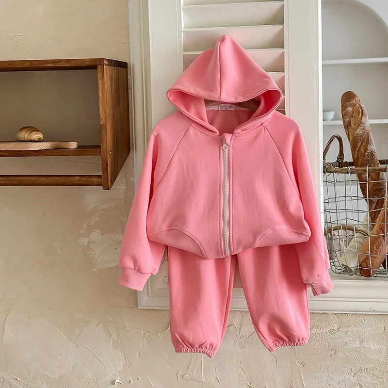 Girls Autumn Zipper Sweater Two-piece Set 2024 New Autumn Children Fashion Korean Version Foreign Style Pink Suit