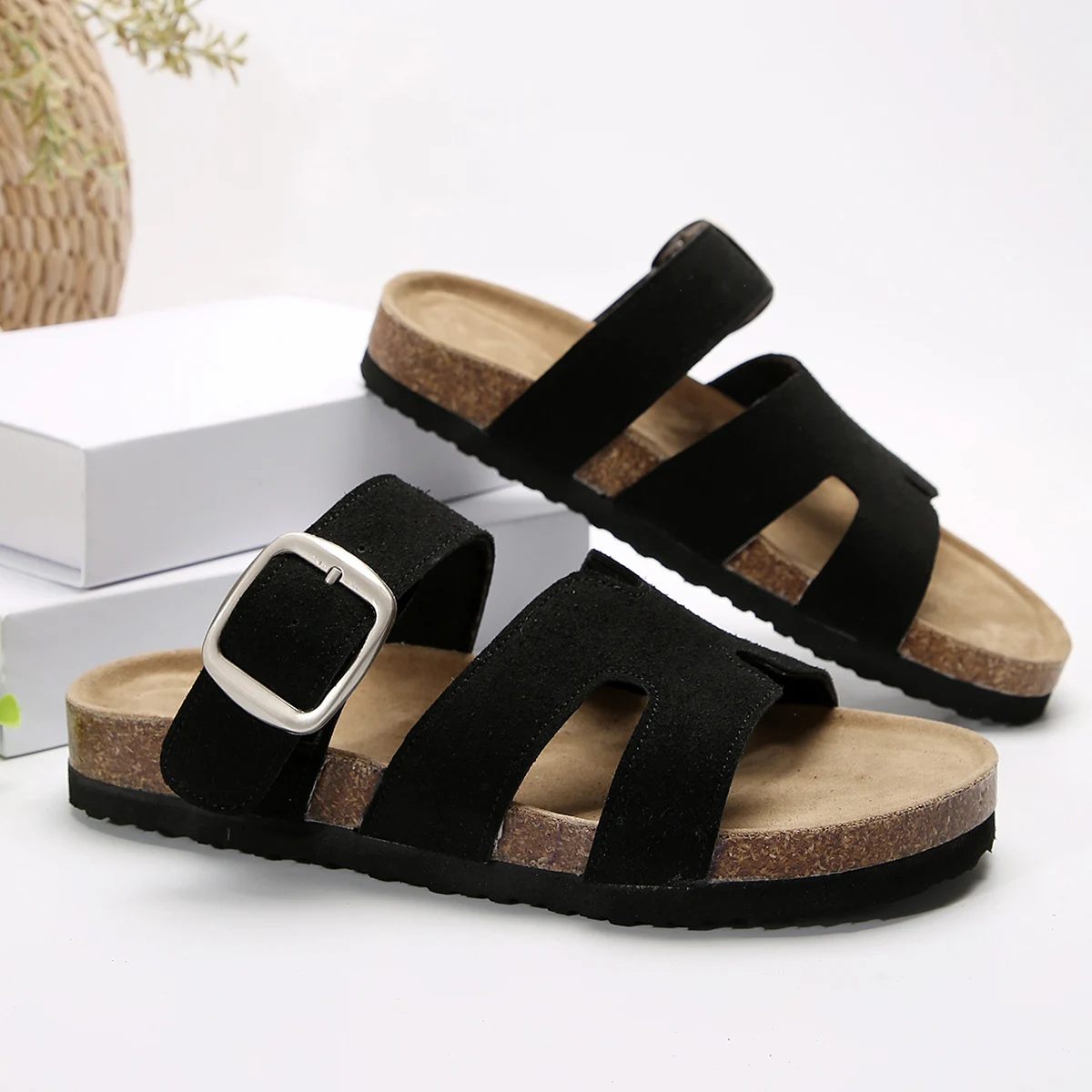Sommermode Wildleder Hausschuhe mit Fußgewölbeunterstützung Outdoor klassische verstellbare Schnalle Strandrutsche Damen Kork Clogs Sandalen – Detail 13