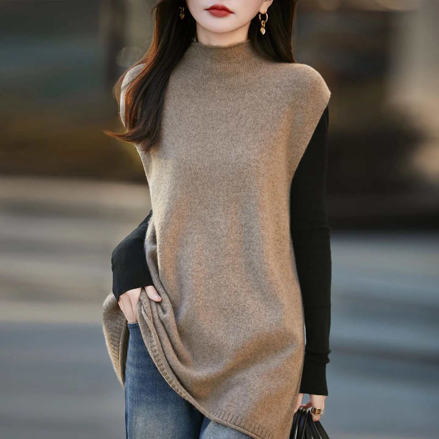 

Женский вязаный жилет-пуловер из 100% мериносовой шерсти с воротником-стойкой, без рукавов, мягкий, многослойный, весна-осень