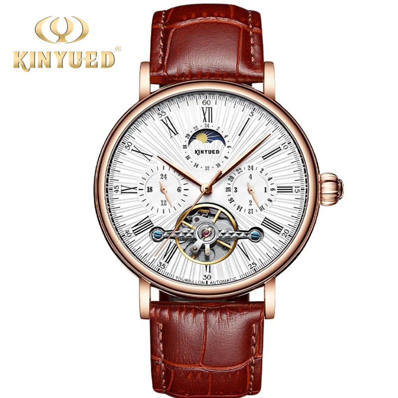 Kinyued Luxury Men Automatic Mechanical Watch Moon Phase Classic Men\'S Wrist Watches Leather 30m Waterproof Watch for Man