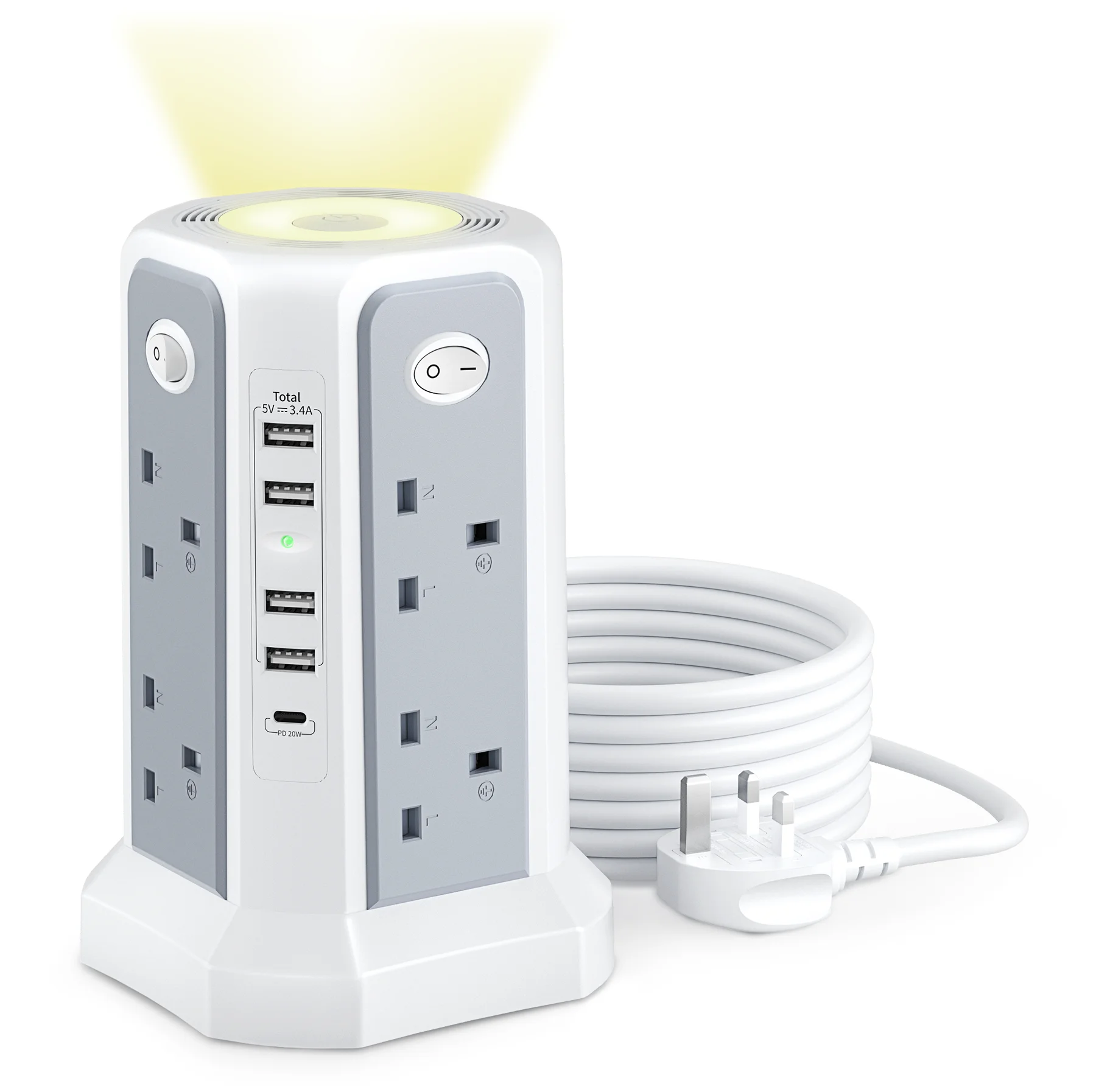 Tower Power Supply, 8 AC Outlets, 4 USB, 1 USB- c PD20W, Individually Switched, Adjustable Night Light for Home, and Office