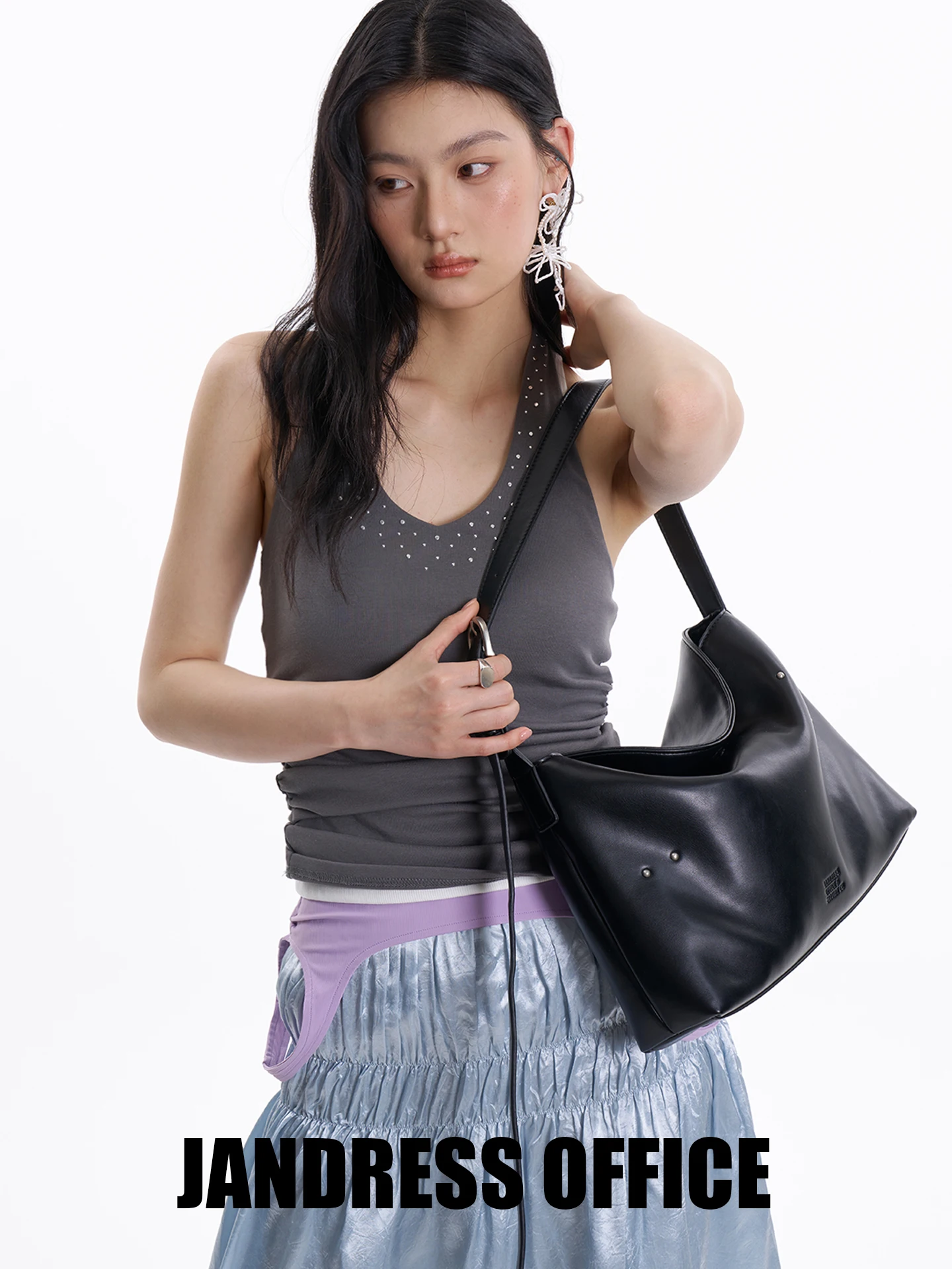 Black Zolma Small Size Hobo Bag Commuter Crossbody Tote Bag Single Shoulder Bag with Rice Nail Decoration Elegant And Stylish