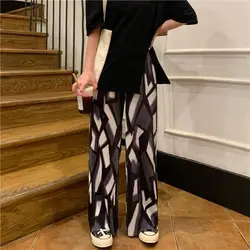 Diamond Grid Printed Pleated Wide Leg Pants Women Loose and Versatile Hanging Feel FloorHigh Waisted Straight Leg Casual Pant