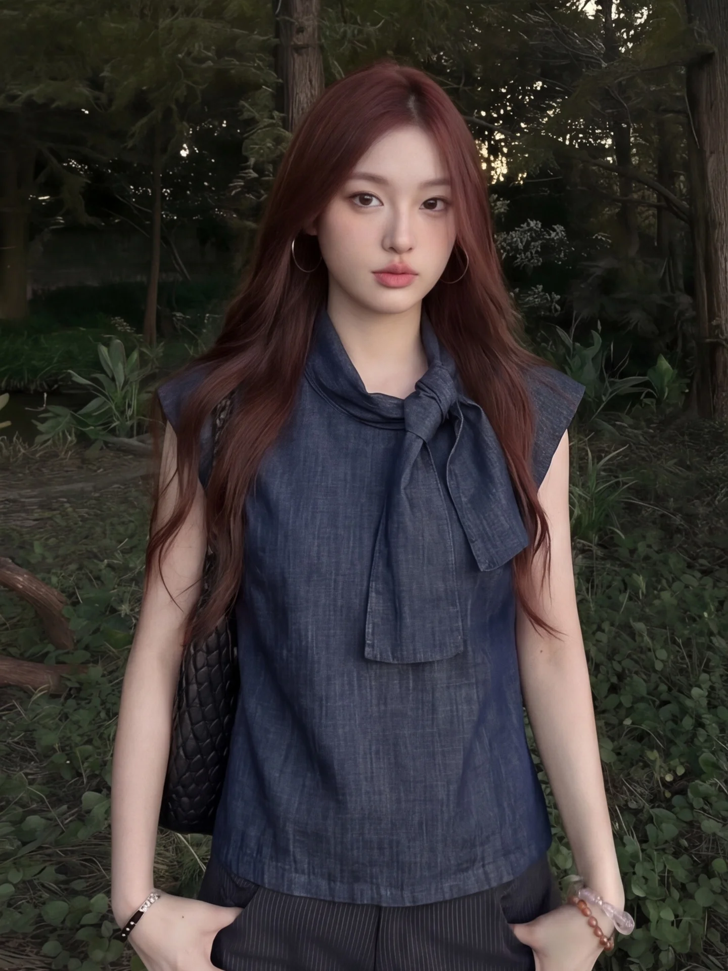 

Retro Style Silk Sash Denim Shirt Women's Summer Thin Shoulder Padless Sleeveless Stand Collar Breathable Comfortable Casual Top