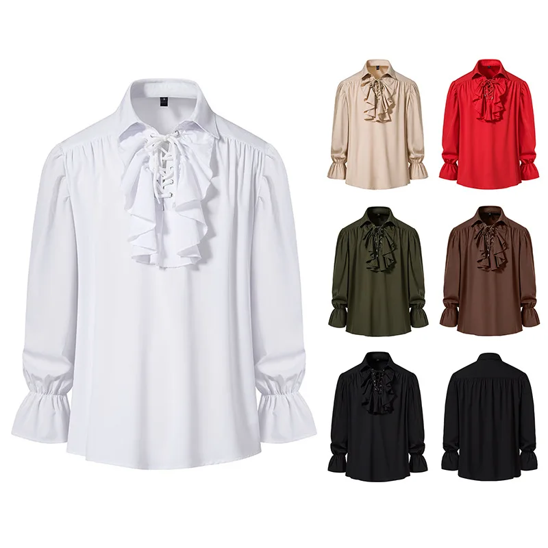 

Мужская повседневная рубашка в стиле ретро с пышными рукавами, средневековый стиль, из полиэфирного волокна, с длинными рукавами, универсальная, однотонная, молодежная, с декоративными вставками