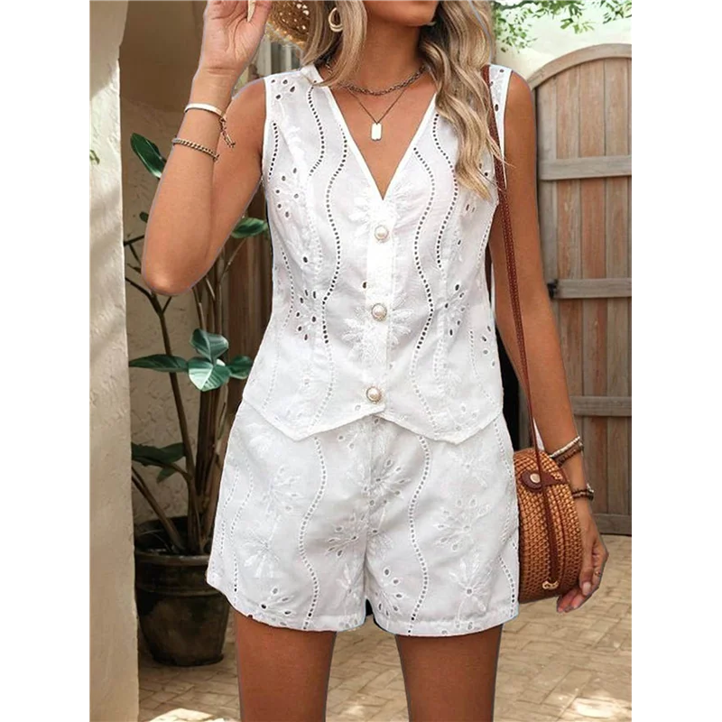 CGS-ensembles brodés à œillets floraux pour femmes, 2 pièces, short d'été, gilet boutonné, habillé, décontracté, ensemble de vacances