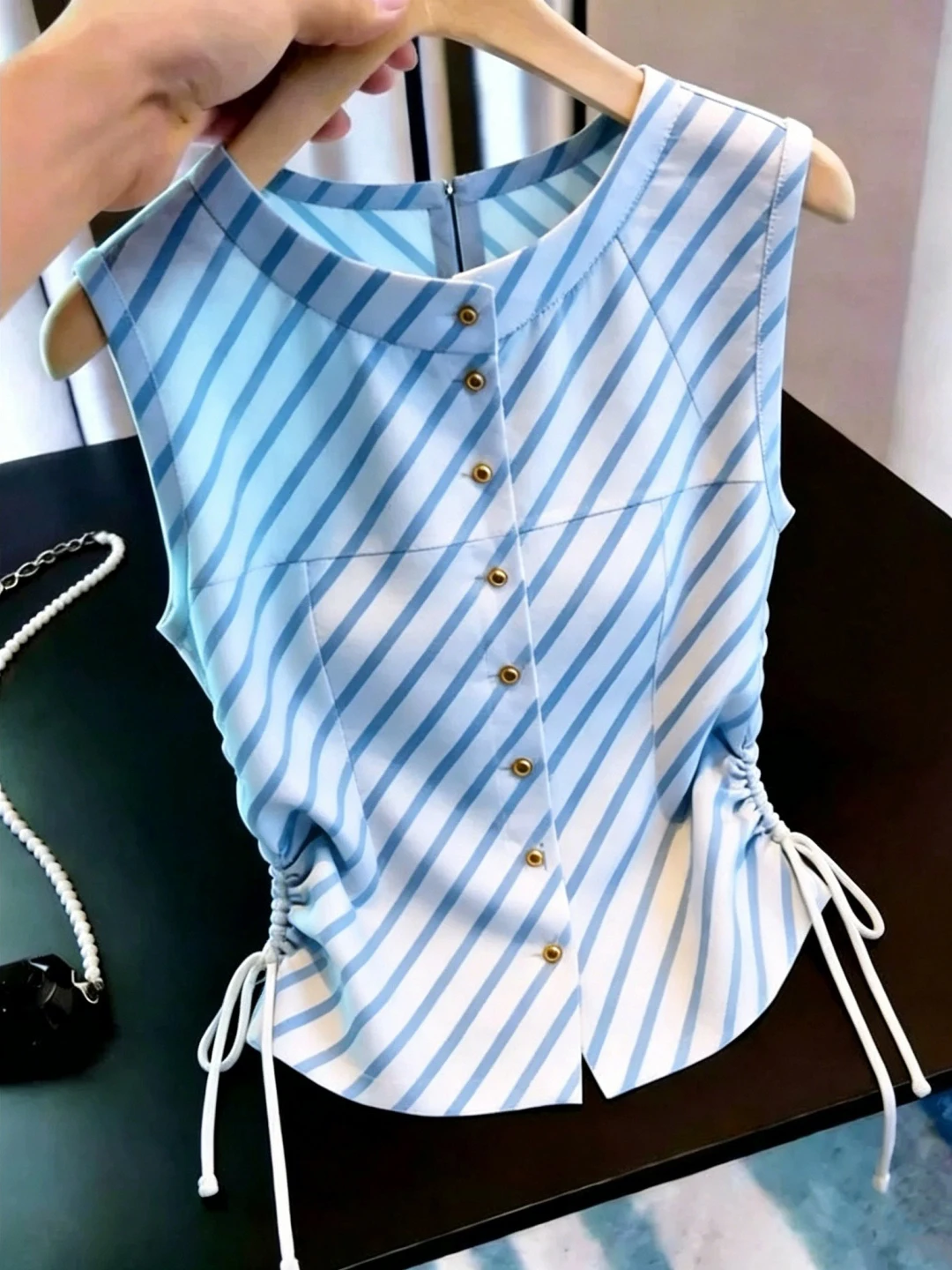 Trendy Striped Color Block Drawstring Sleeveless Vest Summer Korean Style round Neck Single Button Ageless Top Women's Silk