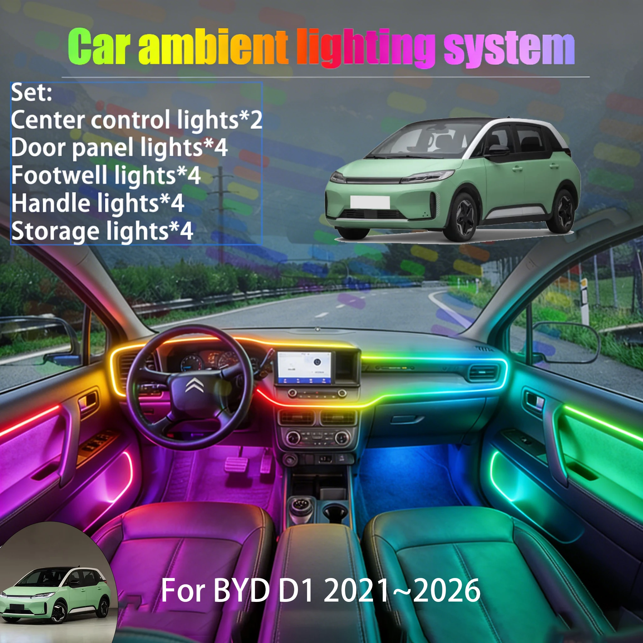 

For BYD D1 2021~2026 2/18 in 1 Car ambient lighting Led trunk interior led lights USB RGB Ensemble Streamer Accessories