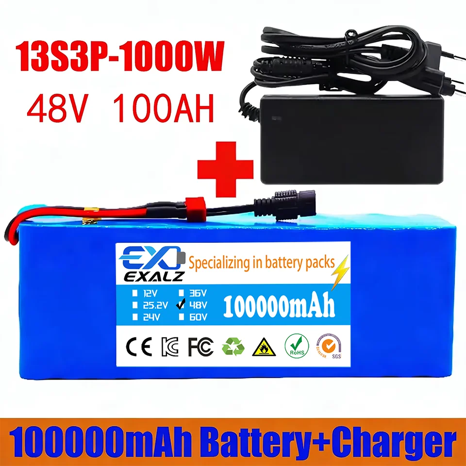 48V E-Bike Battery 13S3P 100Ah 18650 Rechargeable Lithium Pack for Electric Scooter Conversion Kit 1000W BMS + Charger