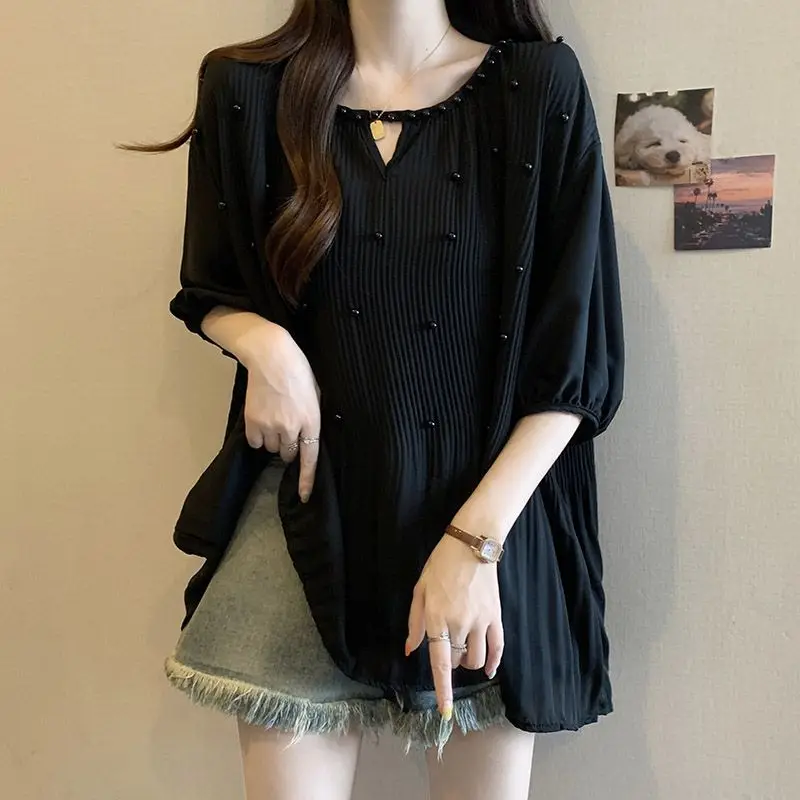 Summer New Loose Fashion Korean Simple Versatile Gentle Chiffon Short Sleeve T-shirt Women\'s Solid Round Neck Patchwork Thin Top