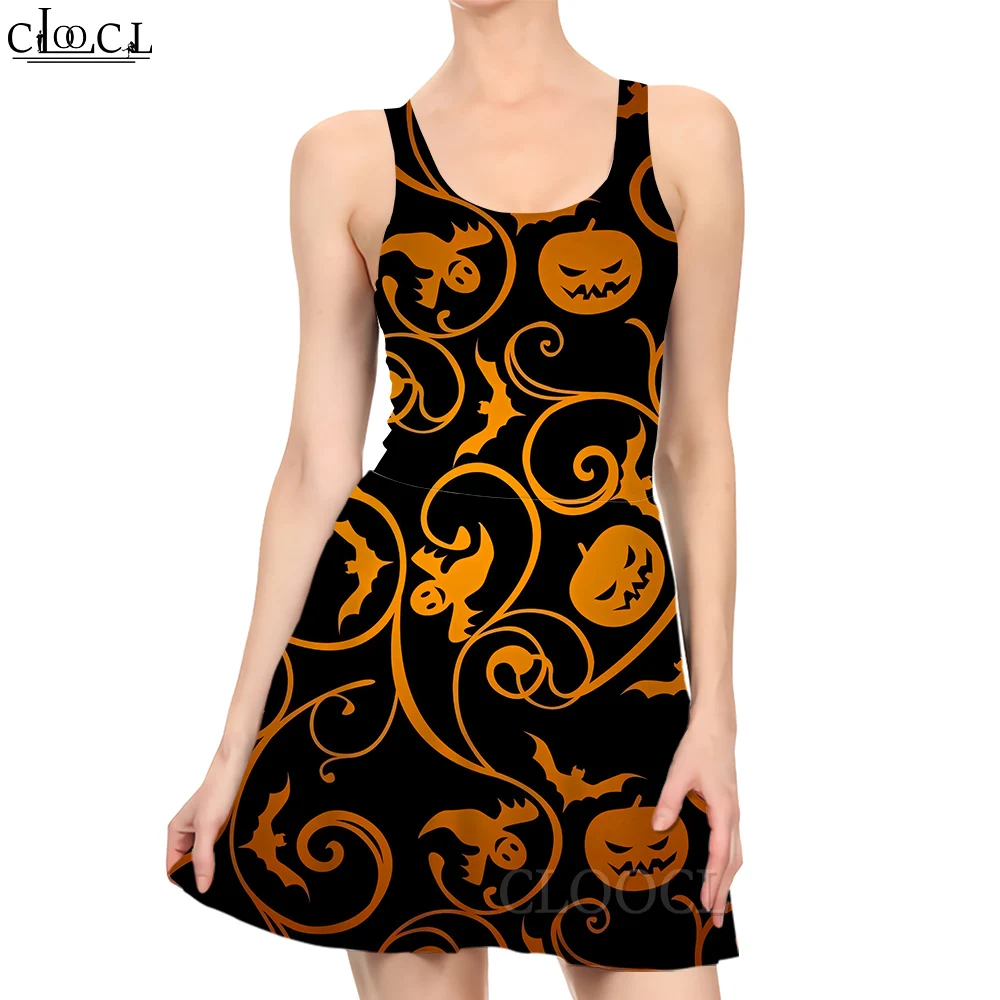 

CLOOCL Retro Trendy Mini Dress Bat Pumpkin Demon Graphics Printed Female Sleeveless Princess Dress Lady Halloween Gifts