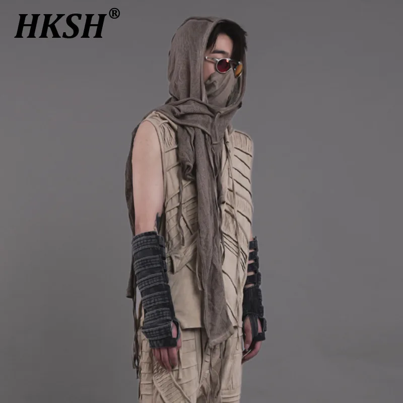 

HKSH Men's Tide Waste Land Punk Wax Dyed Vintage Pleats Asymmetric Cotton Small Cap Hooded T-shirt Trendy Fashion Hoodies HK1962