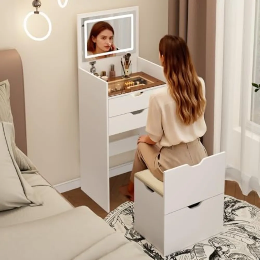 Dressing Table with Lighted Mirror and Stool, 3-in-1 Vanity Desk with 3-Color LED Lights and 2 Drawers, Flip-Top Hidden