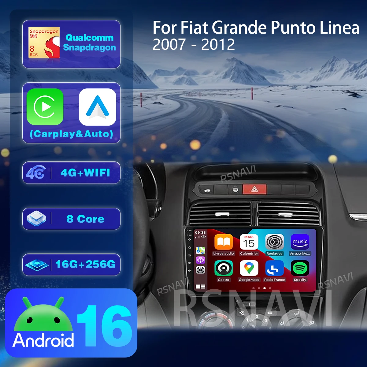 Android 16 For Fiat Grande Punto Linea 2007 - 2012 Carplay Auto Car Radio Player BT videosteering wheel app control DSP WiFi+4G