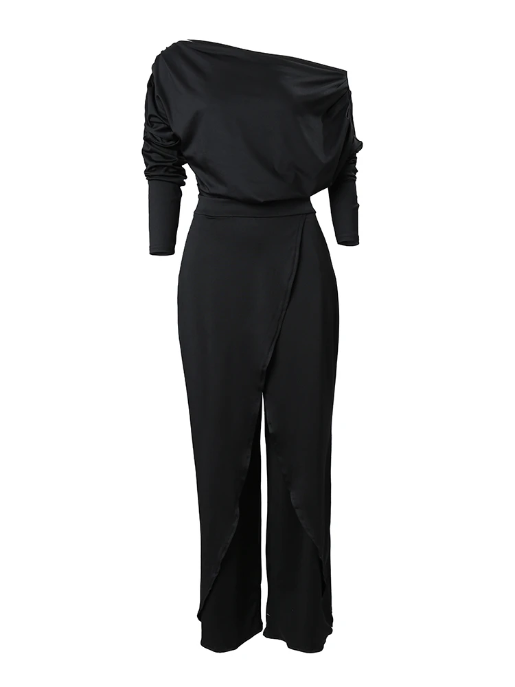 Elegant Jumpsuits for Women 2024 Spring New Plain Elegant Office Lady Loose Ruched Cold Shoulder Split Hem Wide Leg Jumpsuit