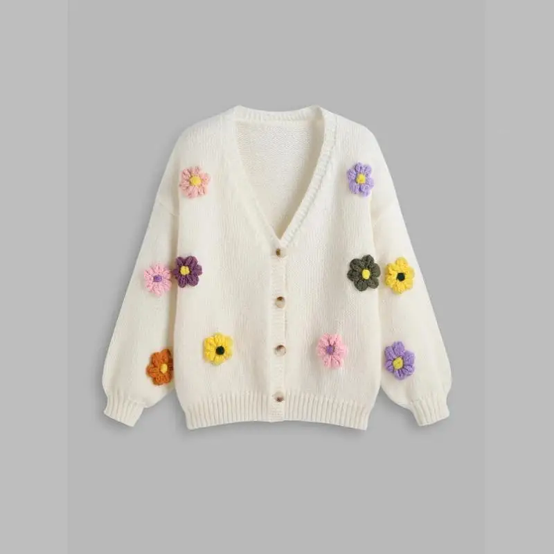 

Autumnal Tee-Color Knitted Cardigan with Floral Design And Curved Collar for Women Ciwalk Coolmax Fiber Non-deformable