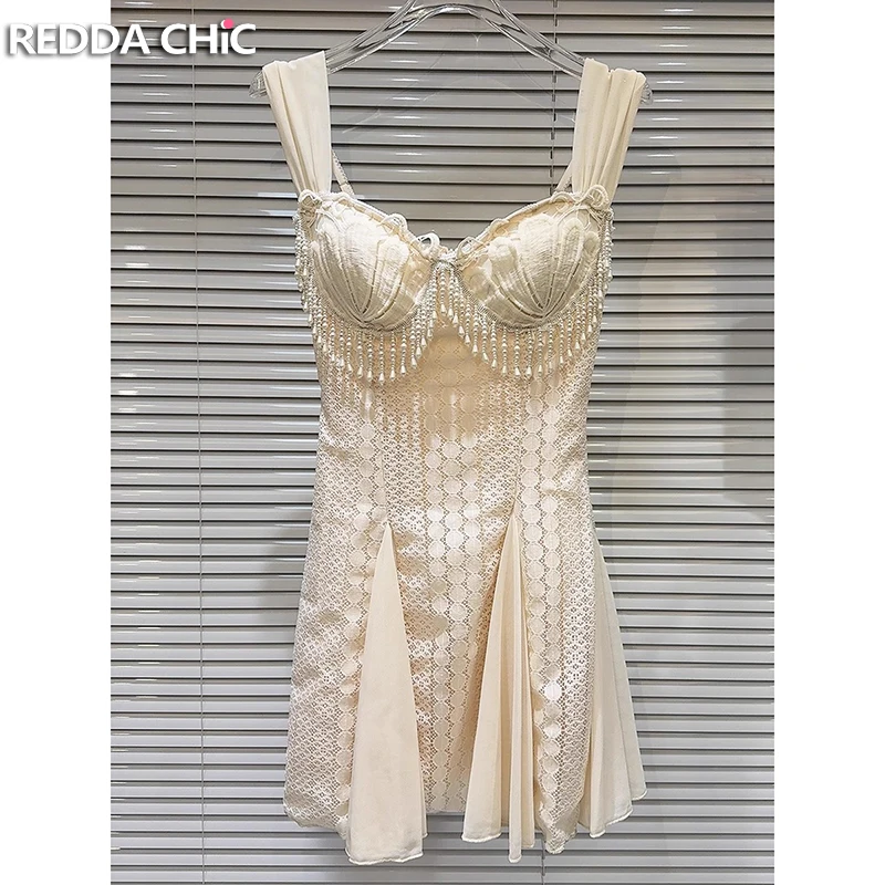 

ReddaChic Renaissance Pearls Fringe Corset Mini Dress Summer Hollow Lace Square Neck Tank Dress Evening Party Women One-piece