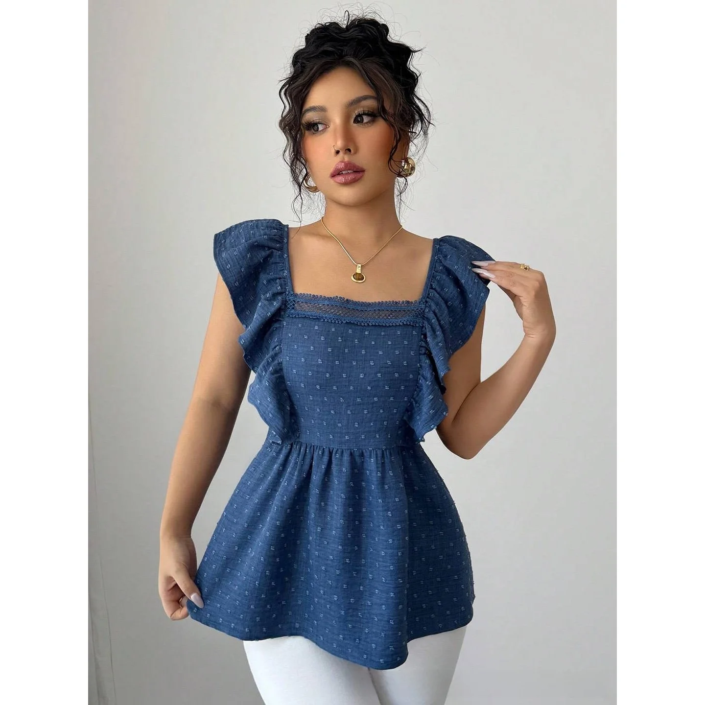 

Korean Style Polka Dot Print Summer New Women's Top Flying Sleeve Floral Embroidery Cross-Border Fashion NuSun Brand