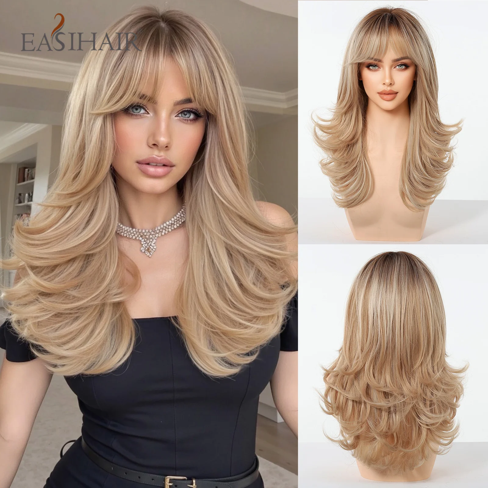 

Light Ombre Brown Blonde Layered Wave Synthetic Wigs with Bangs for Women Heat Resistant Daily Natural Cosplay Party Hairs Wig