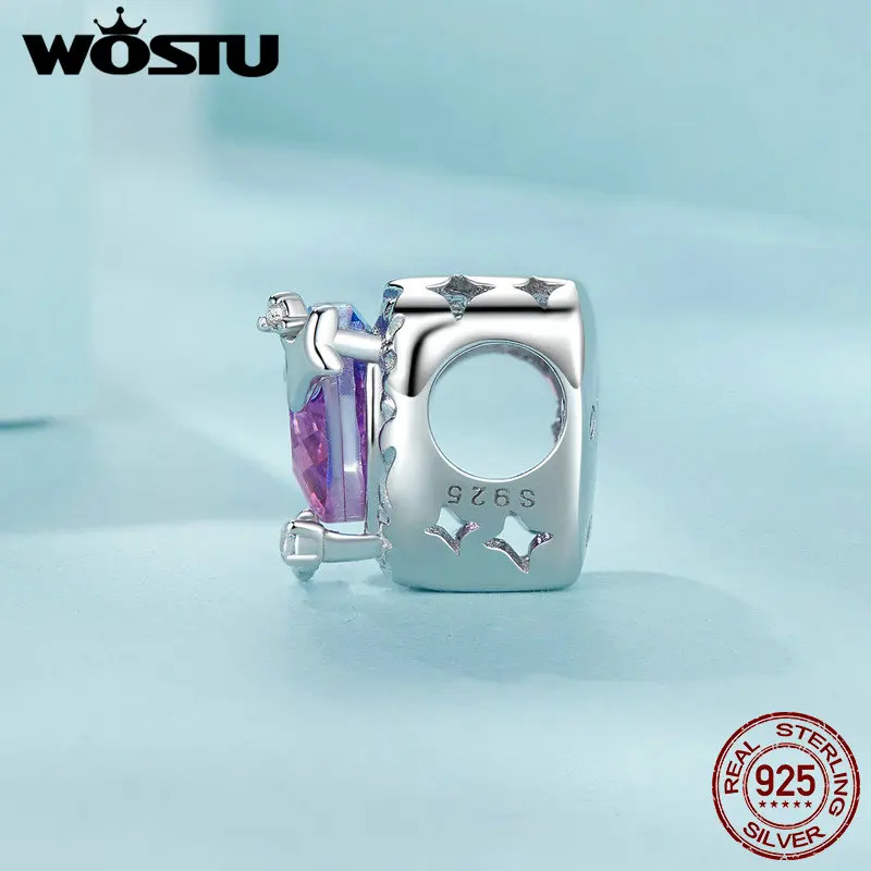 WOSTU Retro Gradient Purple-pink Heart Charm Feather Dreamcatcher Flower Pendant Fit Girl Original Bracelet 925 Sterling Silver