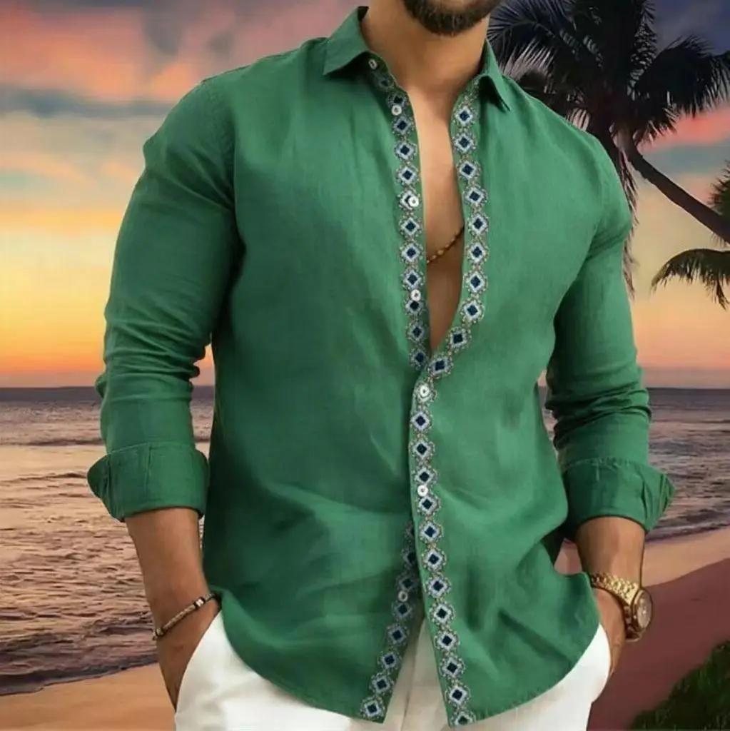 

Men's linen long sleeved shirt, loose top, fashionable trend, outdoor street, casual and comfortable