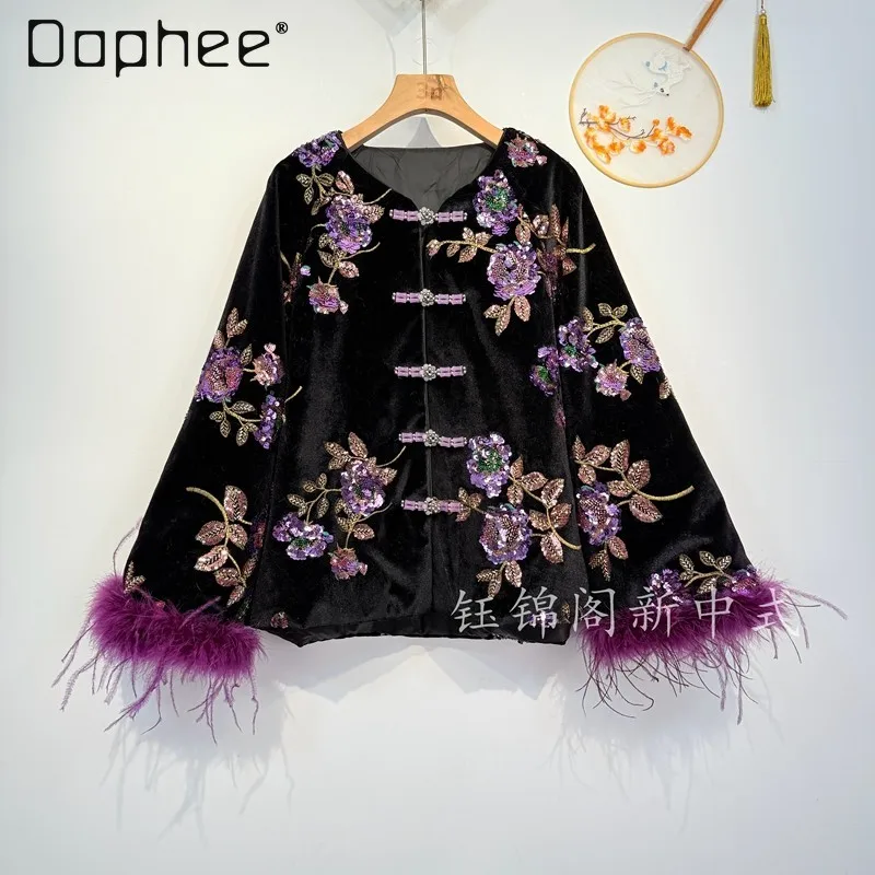 

Heavy Beaded Embroidery Velvet White Duck Down Jacket for Women Winter New Chinese Style High-Quality Thickened Socialite Coat